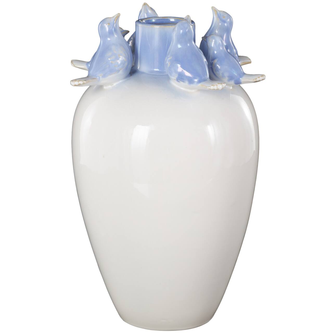 13" White Ceramic Bird Decorative Vase with Blue Accents
